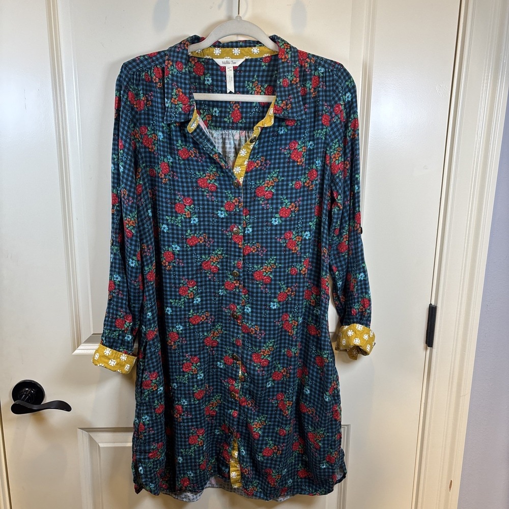 Matilda Jane Fa La La Shirt Dress Size L Roll Tab Sleeves Floral Gingham Pockets